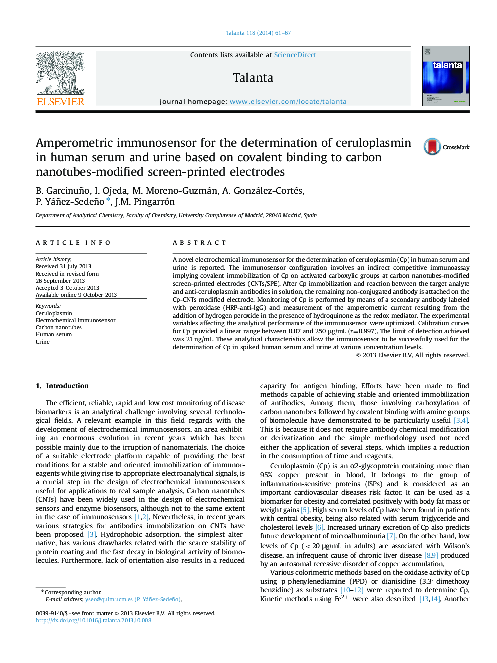 Amperometric immunosensor for the determination of ceruloplasmin in human serum and urine based on covalent binding to carbon nanotubes-modified screen-printed electrodes