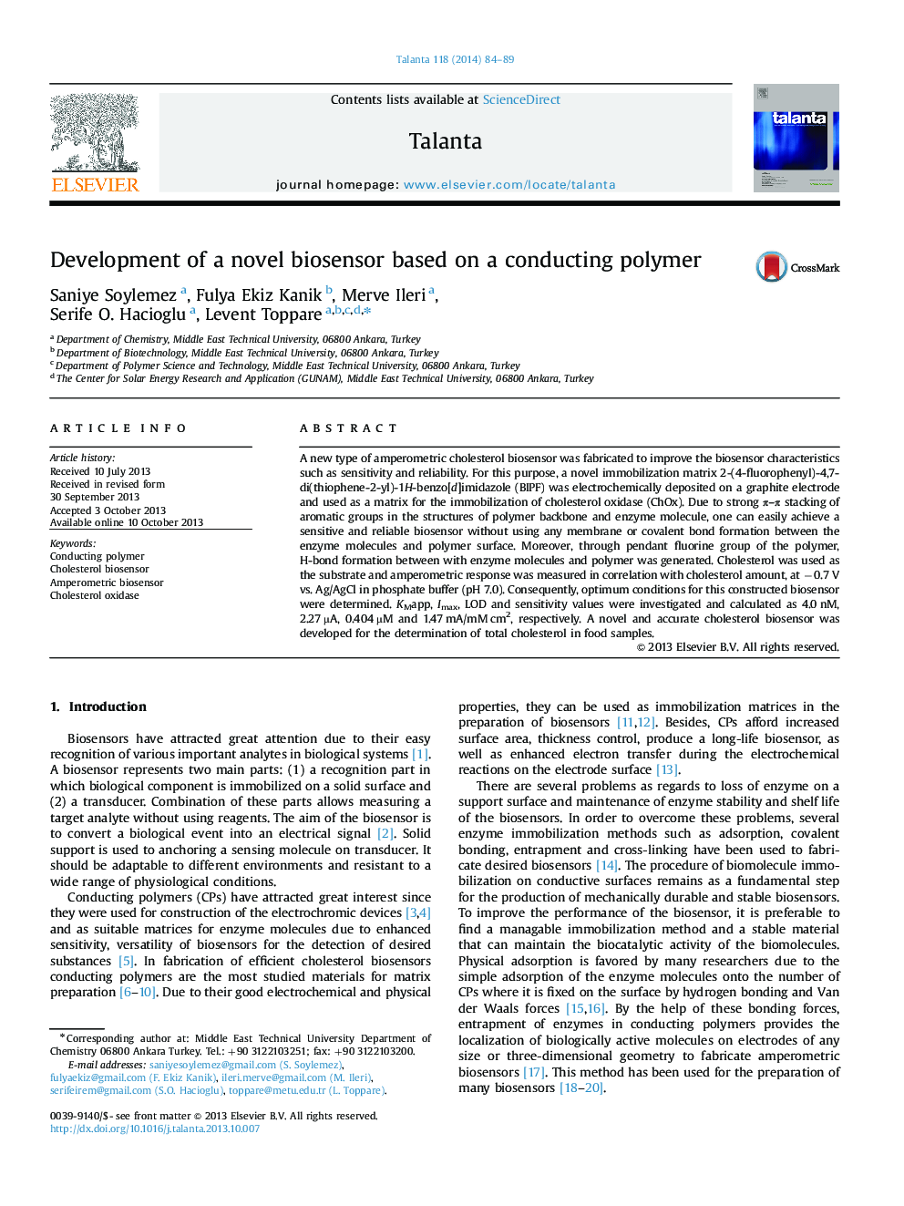 Development of a novel biosensor based on a conducting polymer