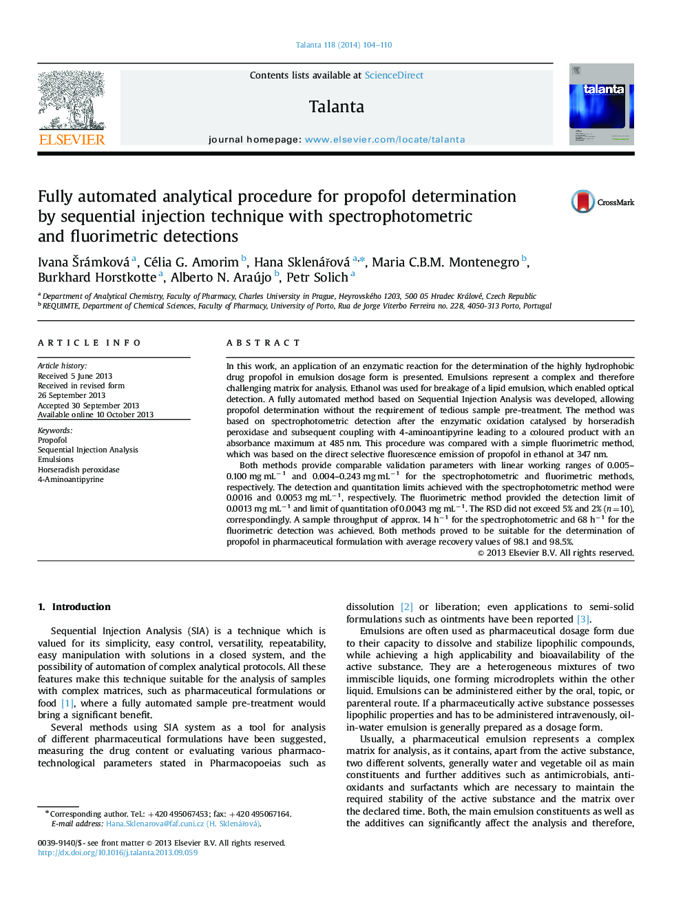 Fully automated analytical procedure for propofol determination by sequential injection technique with spectrophotometric and fluorimetric detections