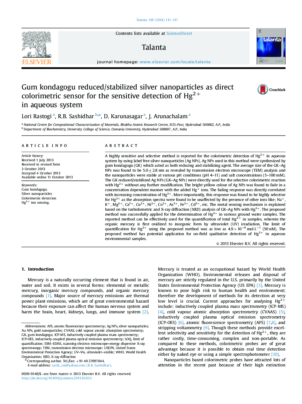 Gum kondagogu reduced/stabilized silver nanoparticles as direct colorimetric sensor for the sensitive detection of Hg2+ in aqueous system