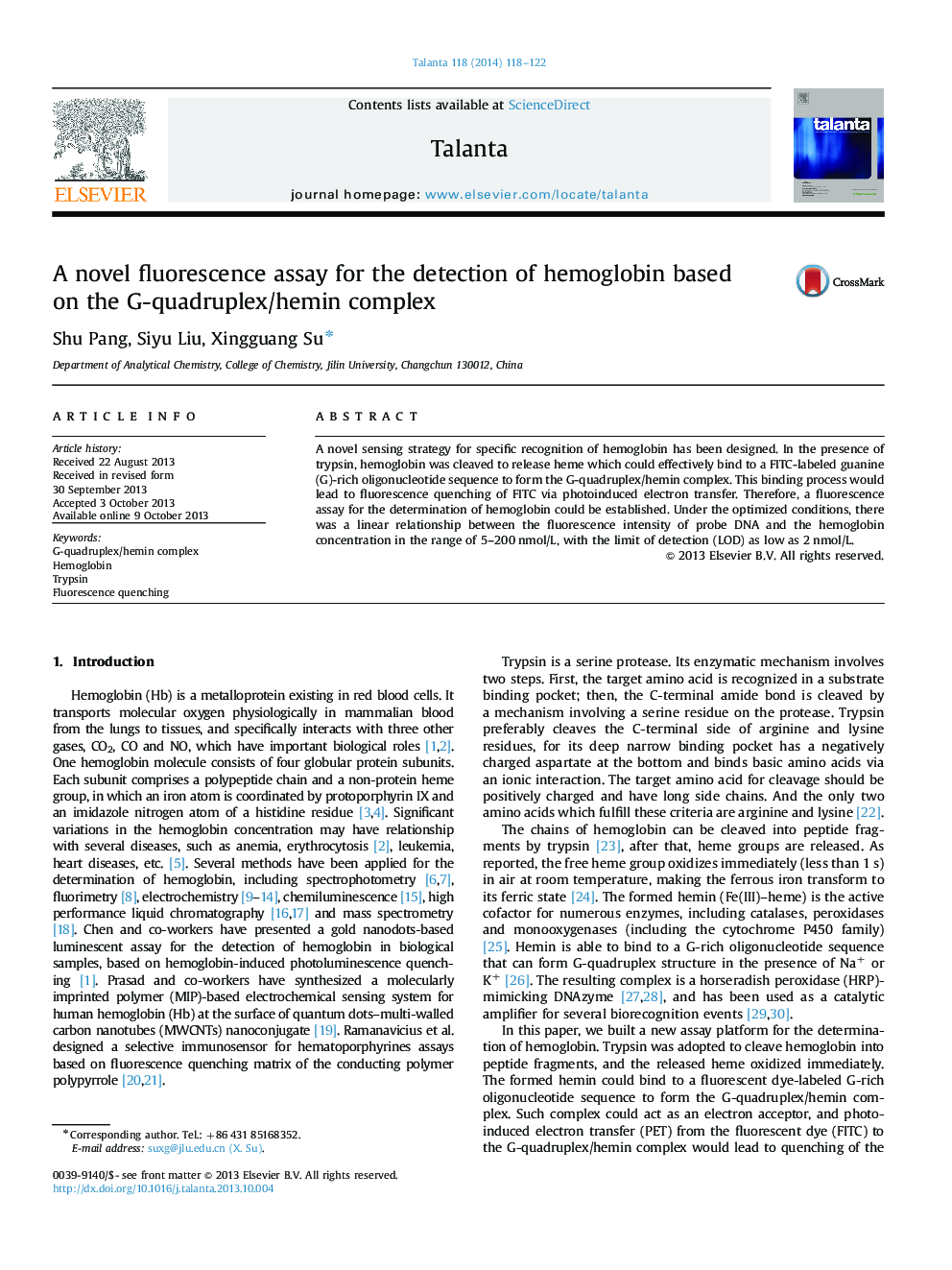 A novel fluorescence assay for the detection of hemoglobin based on the G-quadruplex/hemin complex