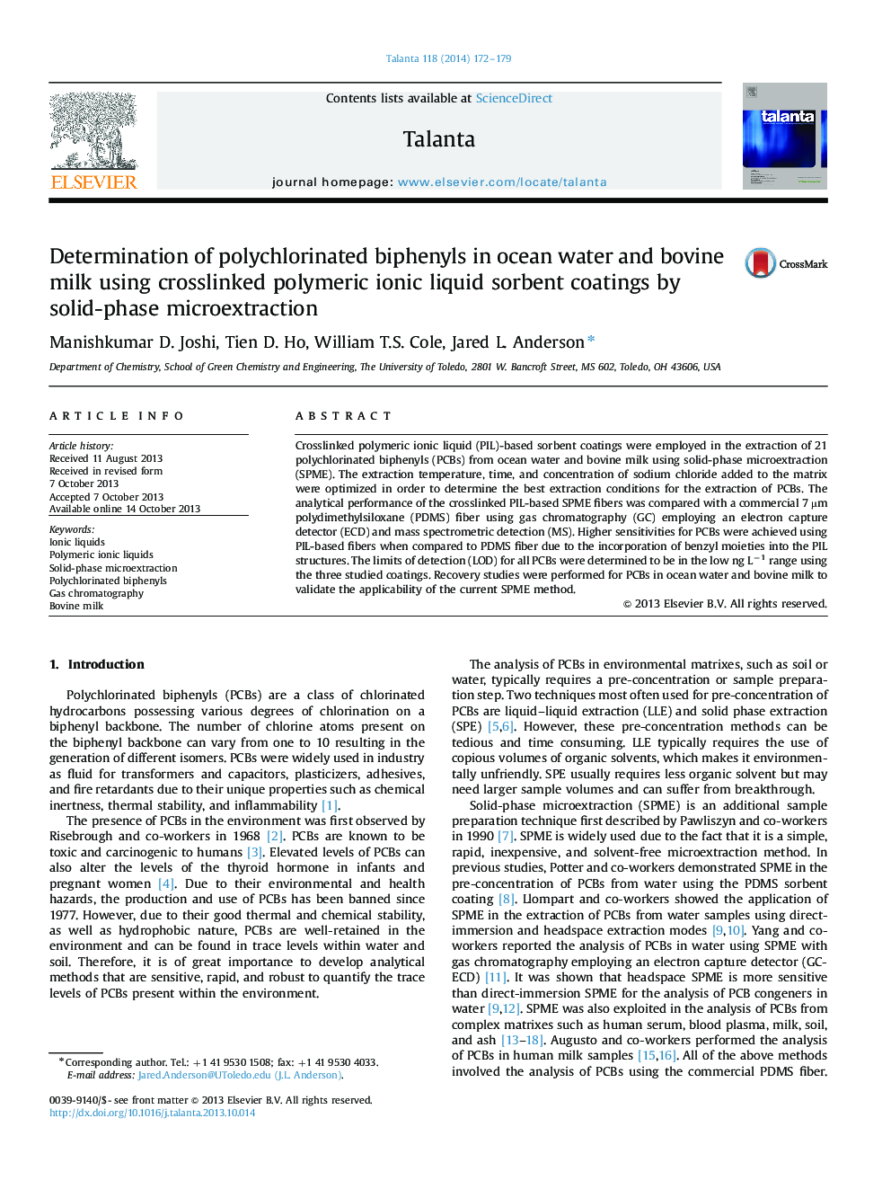 Determination of polychlorinated biphenyls in ocean water and bovine milk using crosslinked polymeric ionic liquid sorbent coatings by solid-phase microextraction