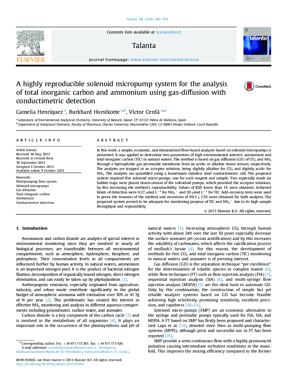 A highly reproducible solenoid micropump system for the analysis of total inorganic carbon and ammonium using gas-diffusion with conductimetric detection