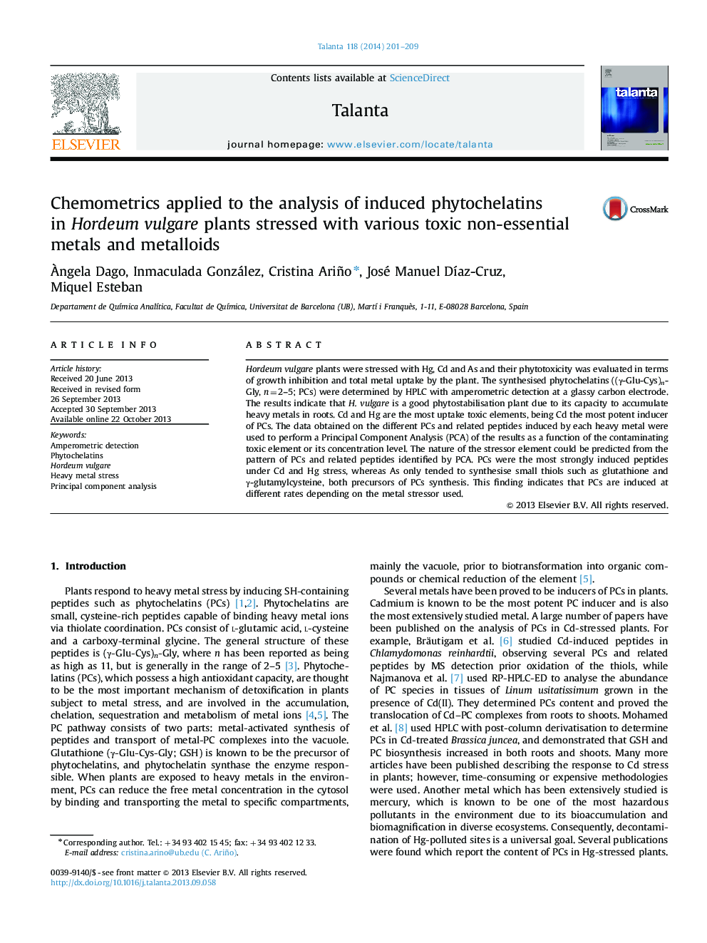 Chemometrics applied to the analysis of induced phytochelatins in Hordeum vulgare plants stressed with various toxic non-essential metals and metalloids