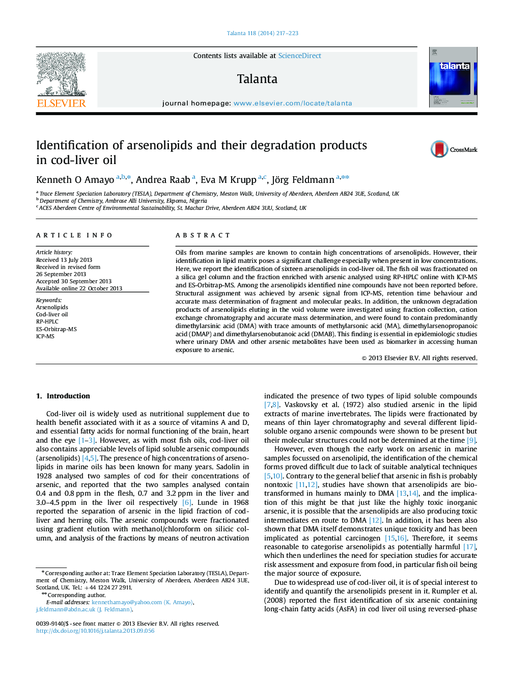 Identification of arsenolipids and their degradation products in cod-liver oil