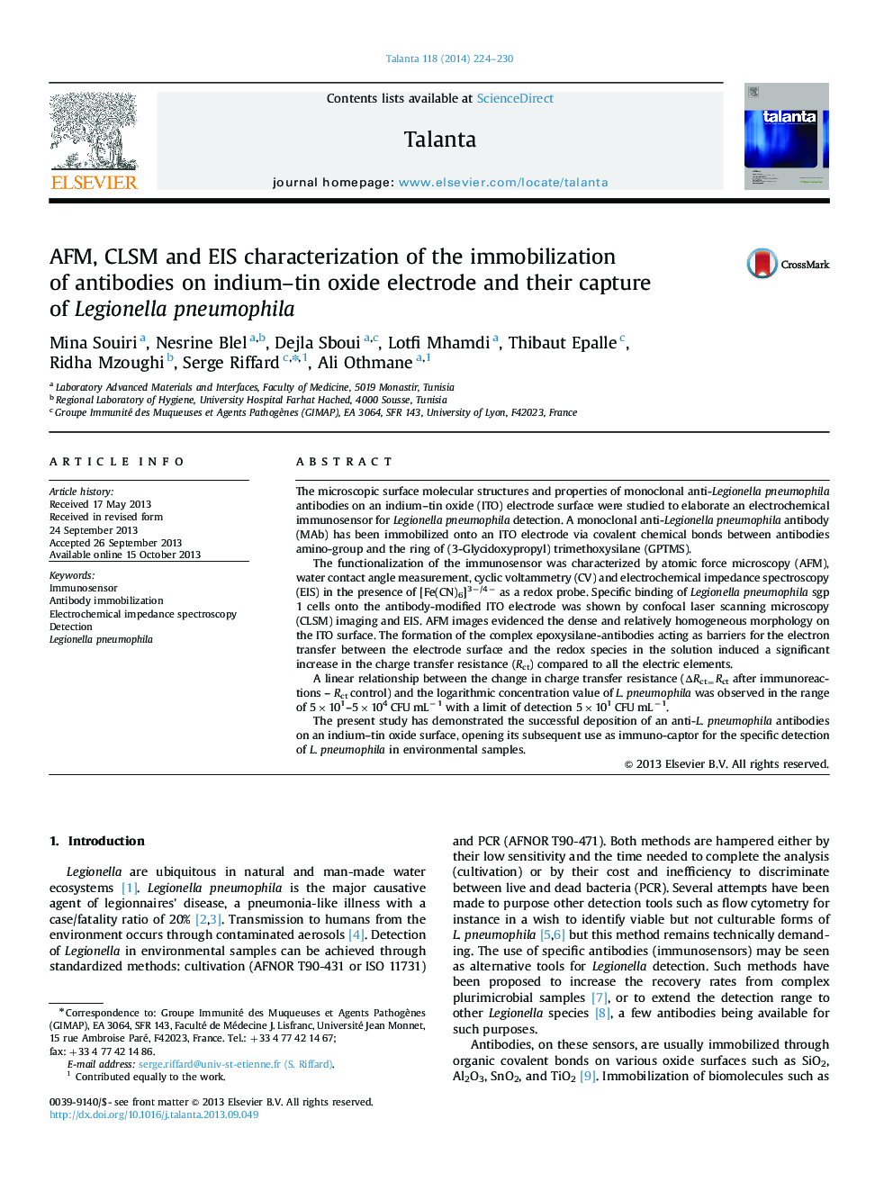 AFM, CLSM and EIS characterization of the immobilization of antibodies on indium–tin oxide electrode and their capture of Legionella pneumophila