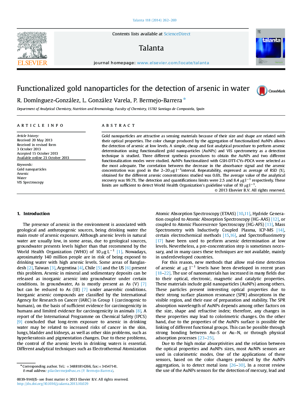 Functionalized gold nanoparticles for the detection of arsenic in water