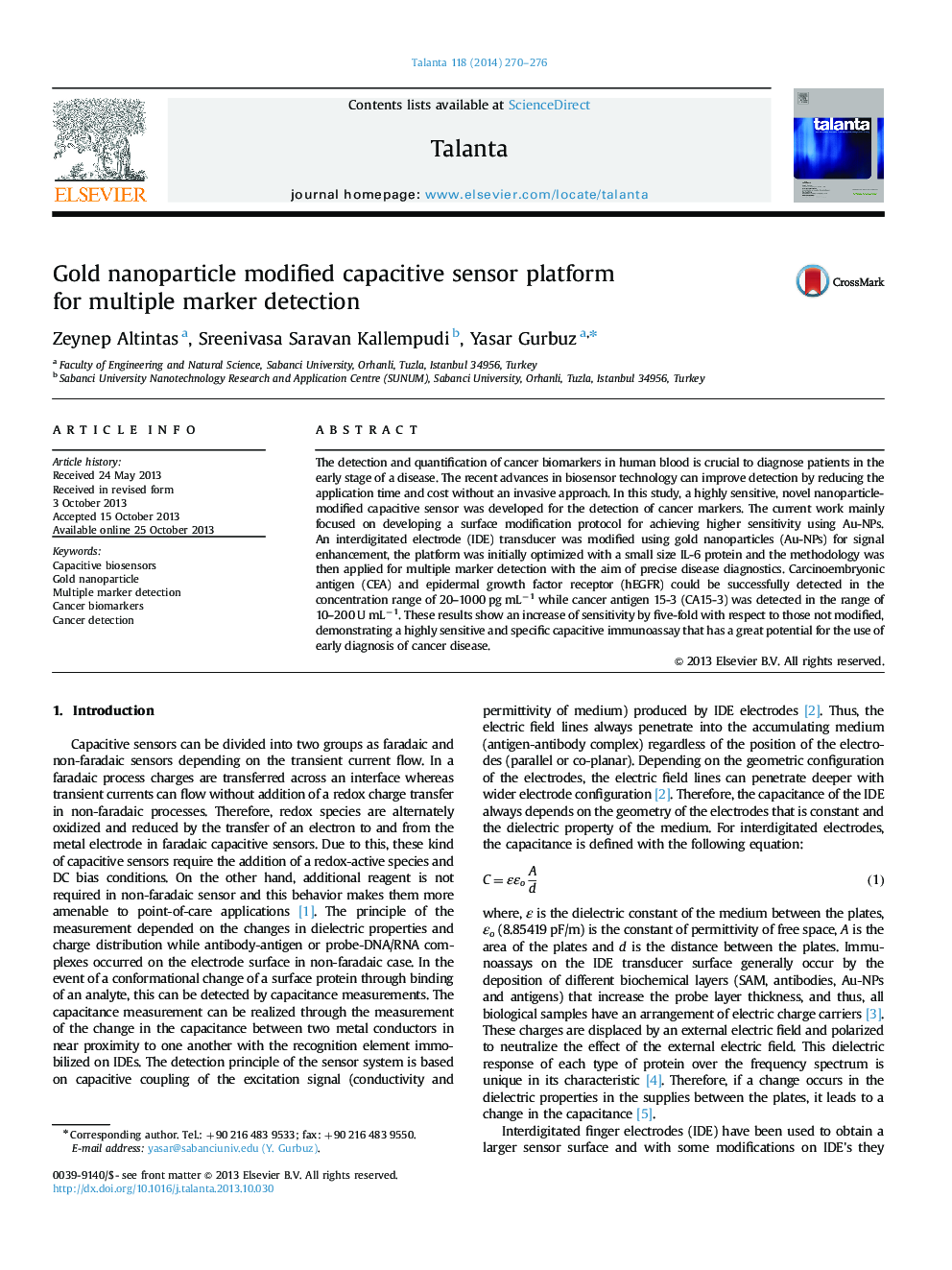 Gold nanoparticle modified capacitive sensor platform for multiple marker detection