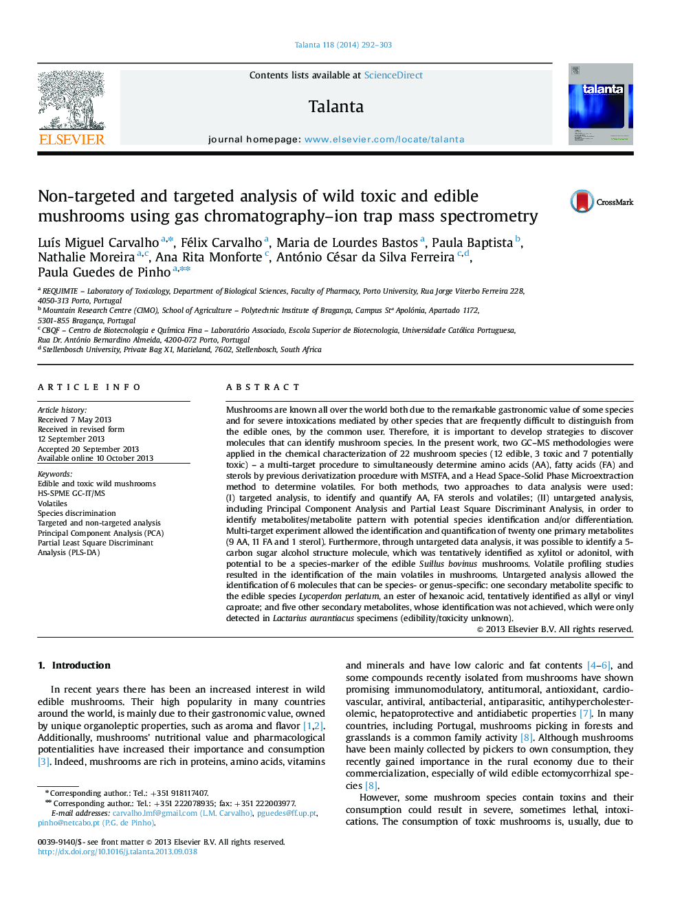 Non-targeted and targeted analysis of wild toxic and edible mushrooms using gas chromatography–ion trap mass spectrometry