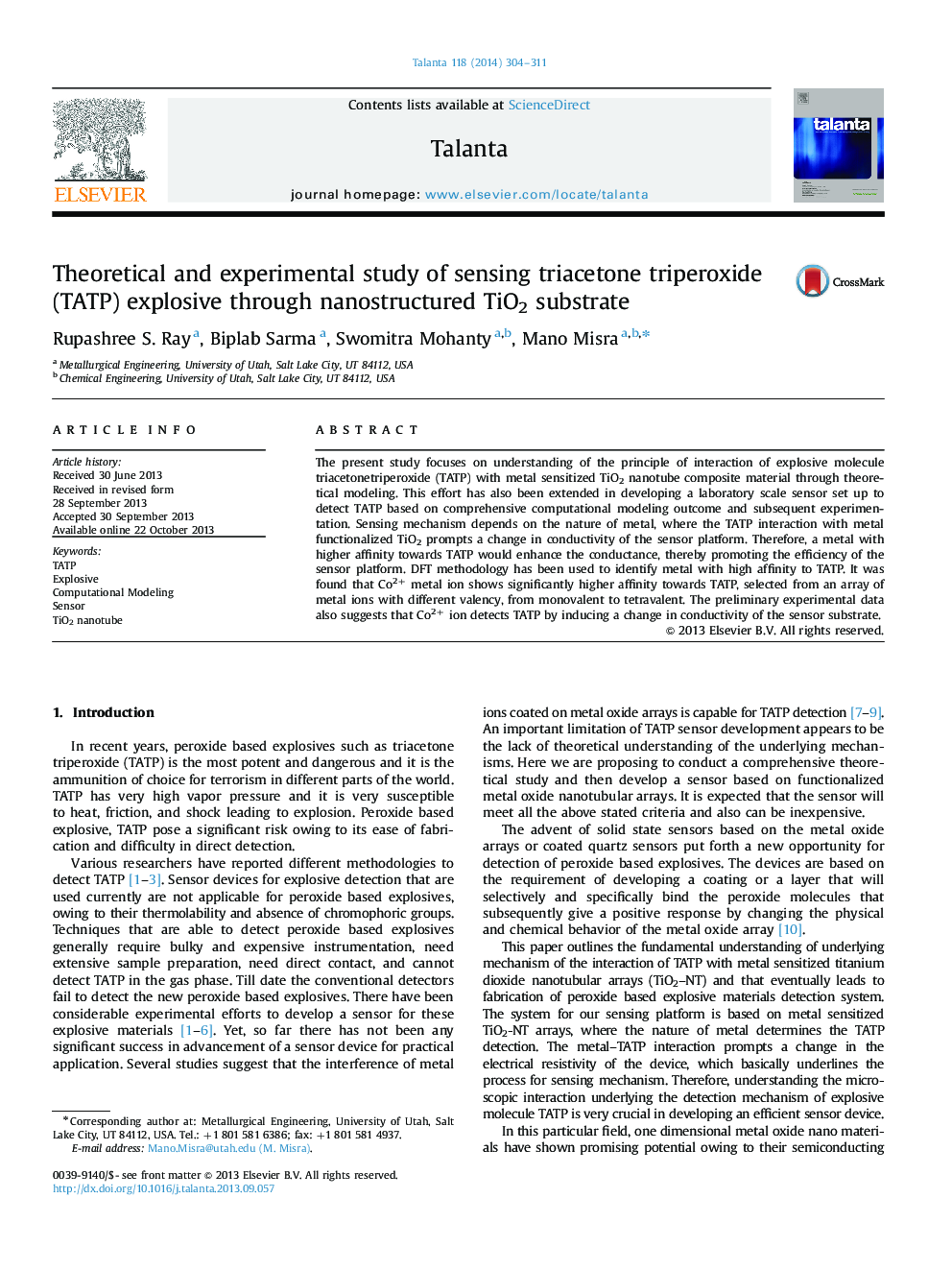 Theoretical and experimental study of sensing triacetone triperoxide (TATP) explosive through nanostructured TiO2 substrate