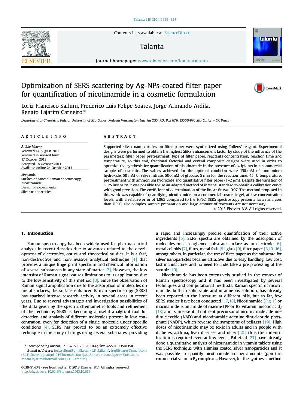Optimization of SERS scattering by Ag-NPs-coated filter paper for quantification of nicotinamide in a cosmetic formulation