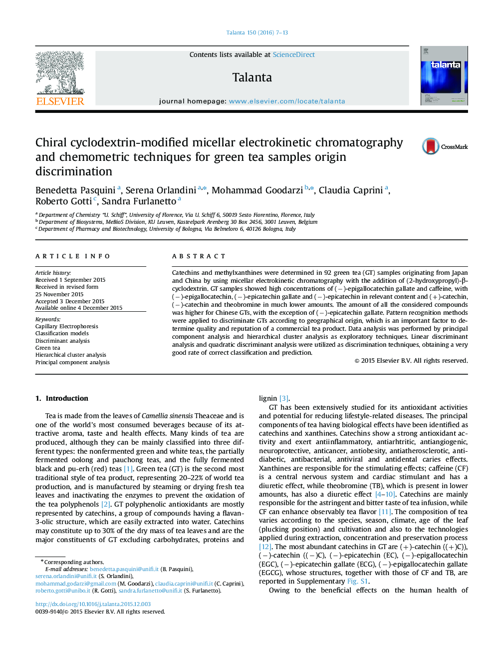 Chiral cyclodextrin-modified micellar electrokinetic chromatography and chemometric techniques for green tea samples origin discrimination