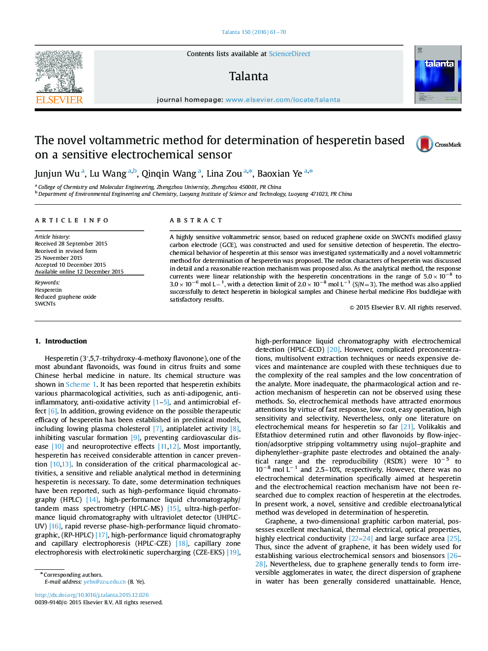 The novel voltammetric method for determination of hesperetin based on a sensitive electrochemical sensor