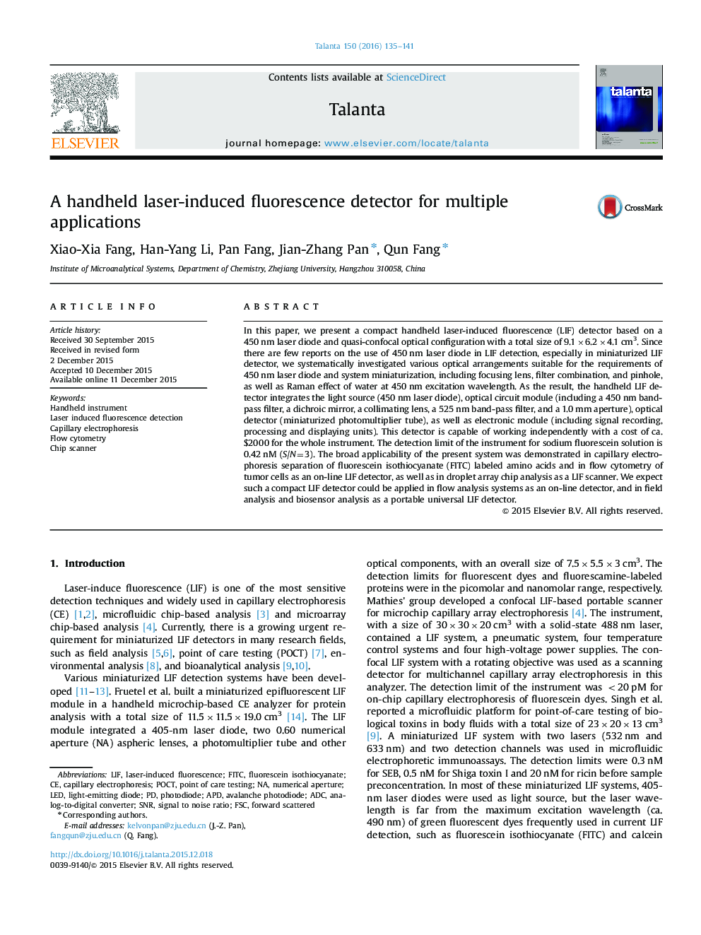 A handheld laser-induced fluorescence detector for multiple applications