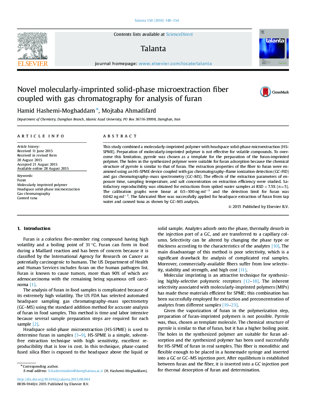 Novel molecularly-imprinted solid-phase microextraction fiber coupled with gas chromatography for analysis of furan