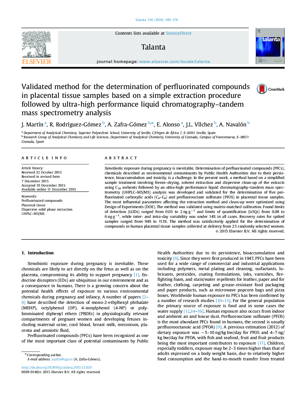 Validated method for the determination of perfluorinated compounds in placental tissue samples based on a simple extraction procedure followed by ultra-high performance liquid chromatography–tandem mass spectrometry analysis