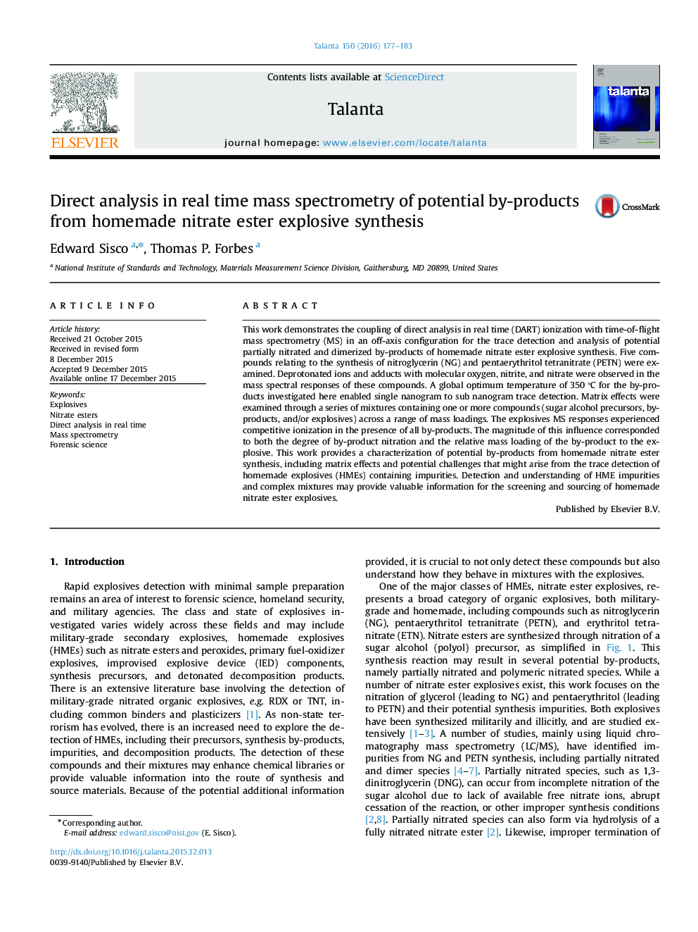 Direct analysis in real time mass spectrometry of potential by-products from homemade nitrate ester explosive synthesis