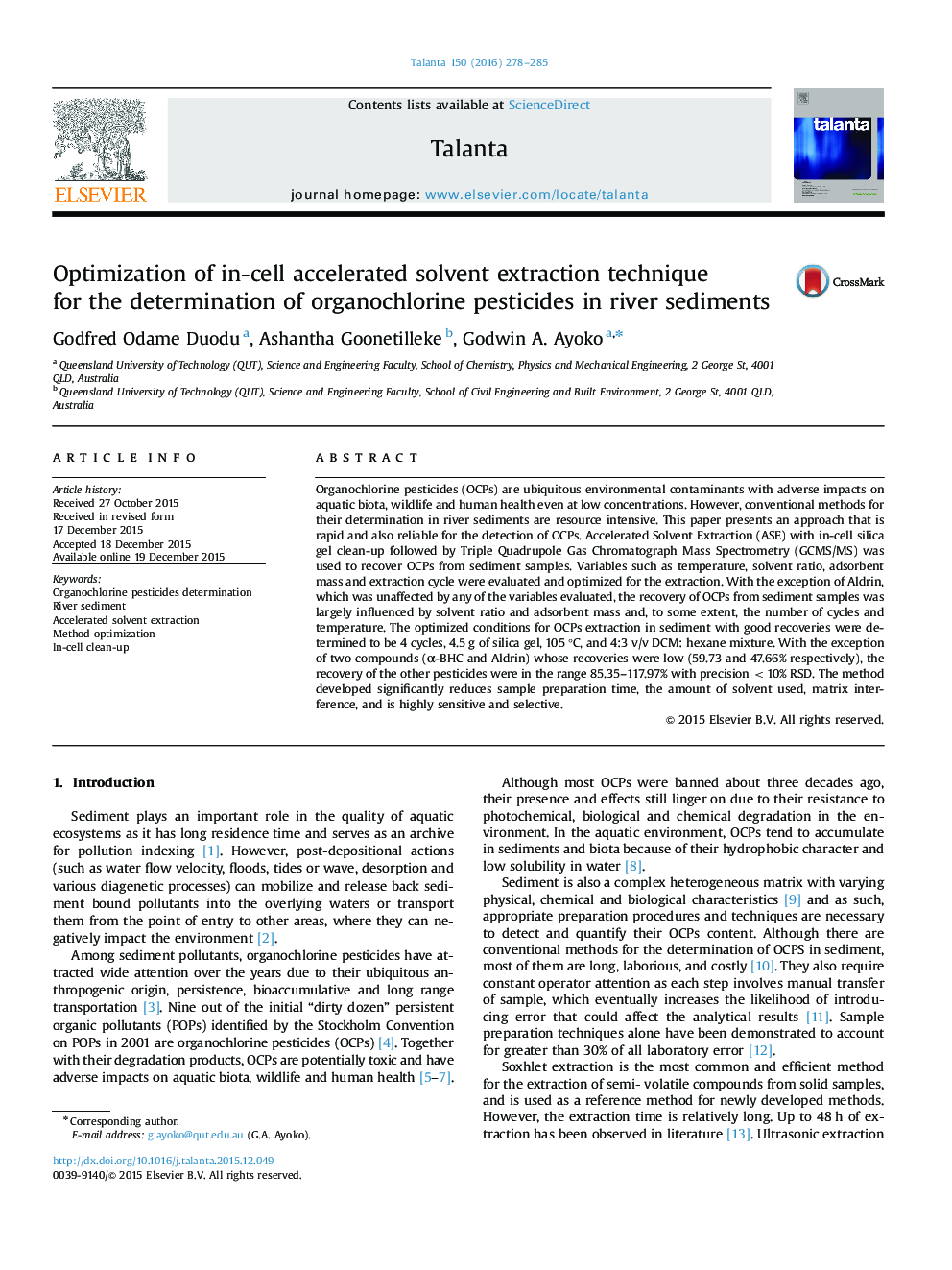 Optimization of in-cell accelerated solvent extraction technique for the determination of organochlorine pesticides in river sediments