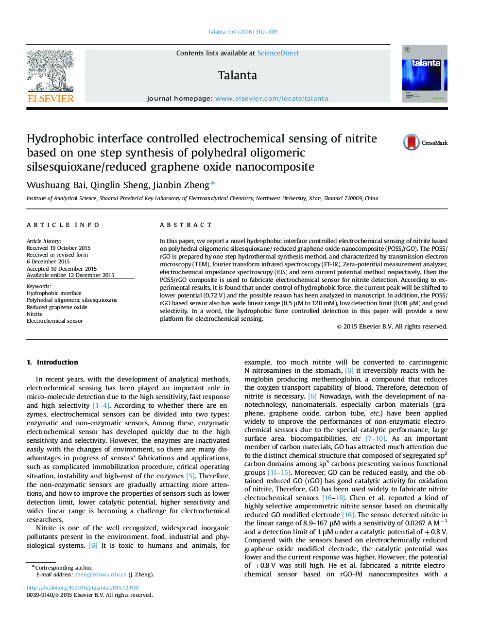 Hydrophobic interface controlled electrochemical sensing of nitrite based on one step synthesis of polyhedral oligomeric silsesquioxane/reduced graphene oxide nanocomposite