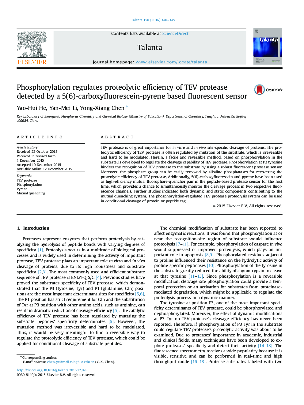 Phosphorylation regulates proteolytic efficiency of TEV protease detected by a 5(6)-carboxyfluorescein-pyrene based fluorescent sensor