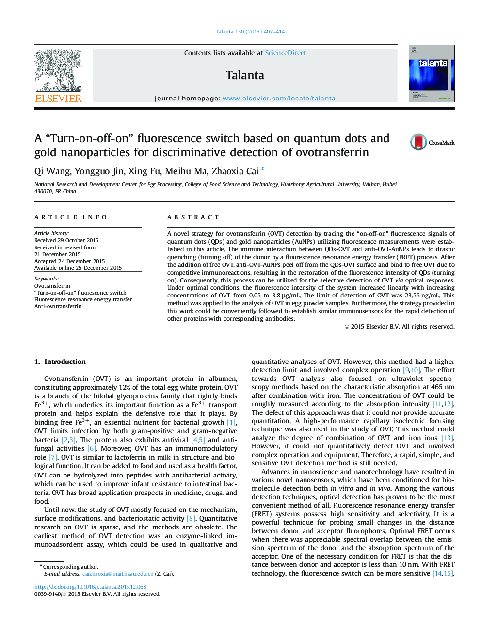 A “Turn-on-off-on” fluorescence switch based on quantum dots and gold nanoparticles for discriminative detection of ovotransferrin