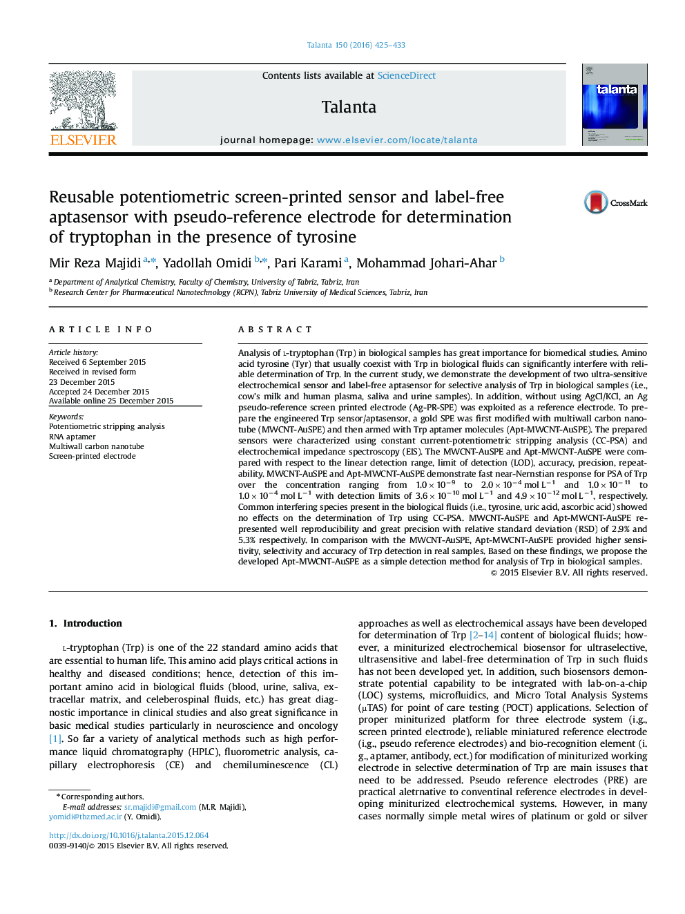 Reusable potentiometric screen-printed sensor and label-free aptasensor with pseudo-reference electrode for determination of tryptophan in the presence of tyrosine