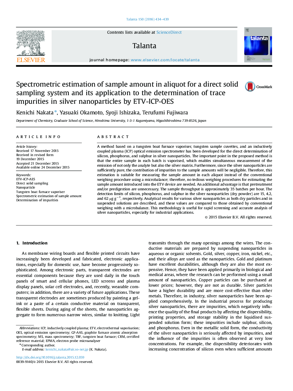 Spectrometric estimation of sample amount in aliquot for a direct solid sampling system and its application to the determination of trace impurities in silver nanoparticles by ETV-ICP-OES