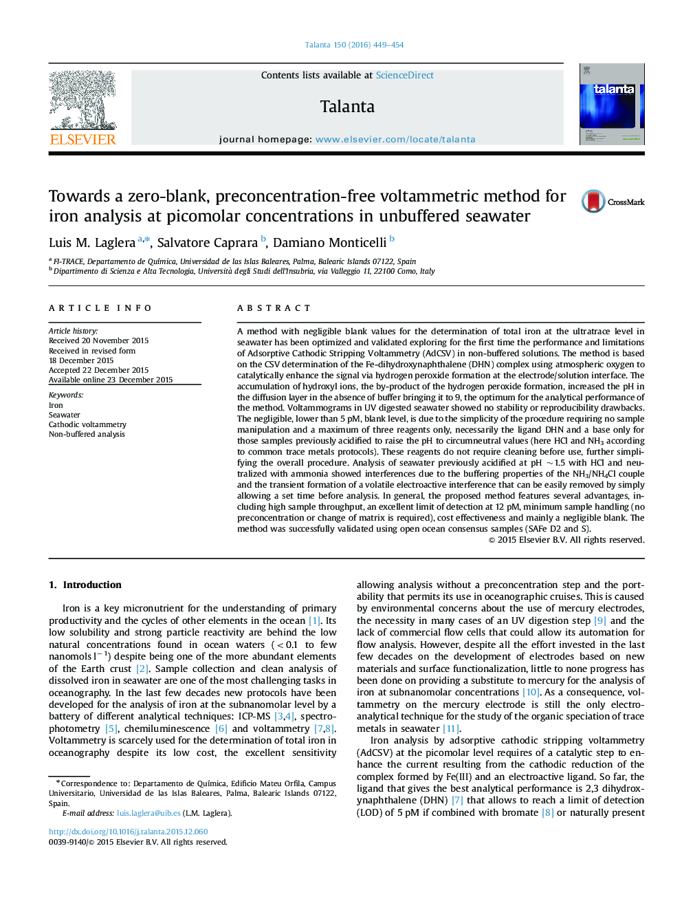 Towards a zero-blank, preconcentration-free voltammetric method for iron analysis at picomolar concentrations in unbuffered seawater