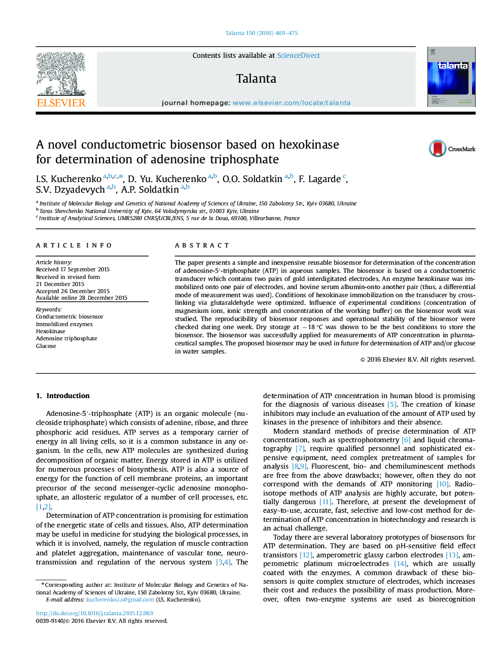 A novel conductometric biosensor based on hexokinase for determination of adenosine triphosphate