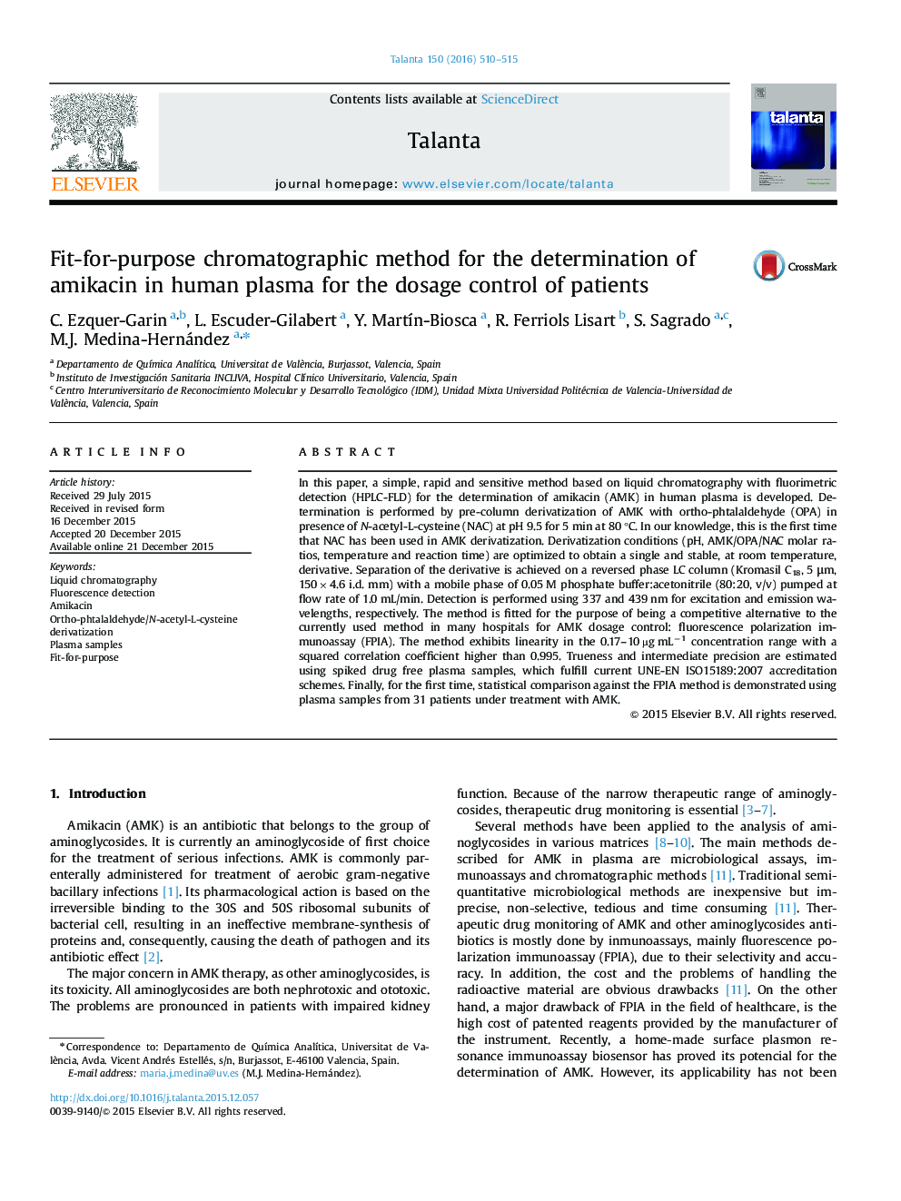 Fit-for-purpose chromatographic method for the determination of amikacin in human plasma for the dosage control of patients