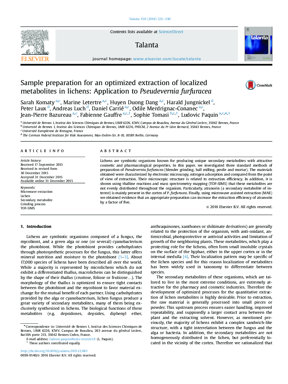 Sample preparation for an optimized extraction of localized metabolites in lichens: Application to Pseudevernia furfuracea