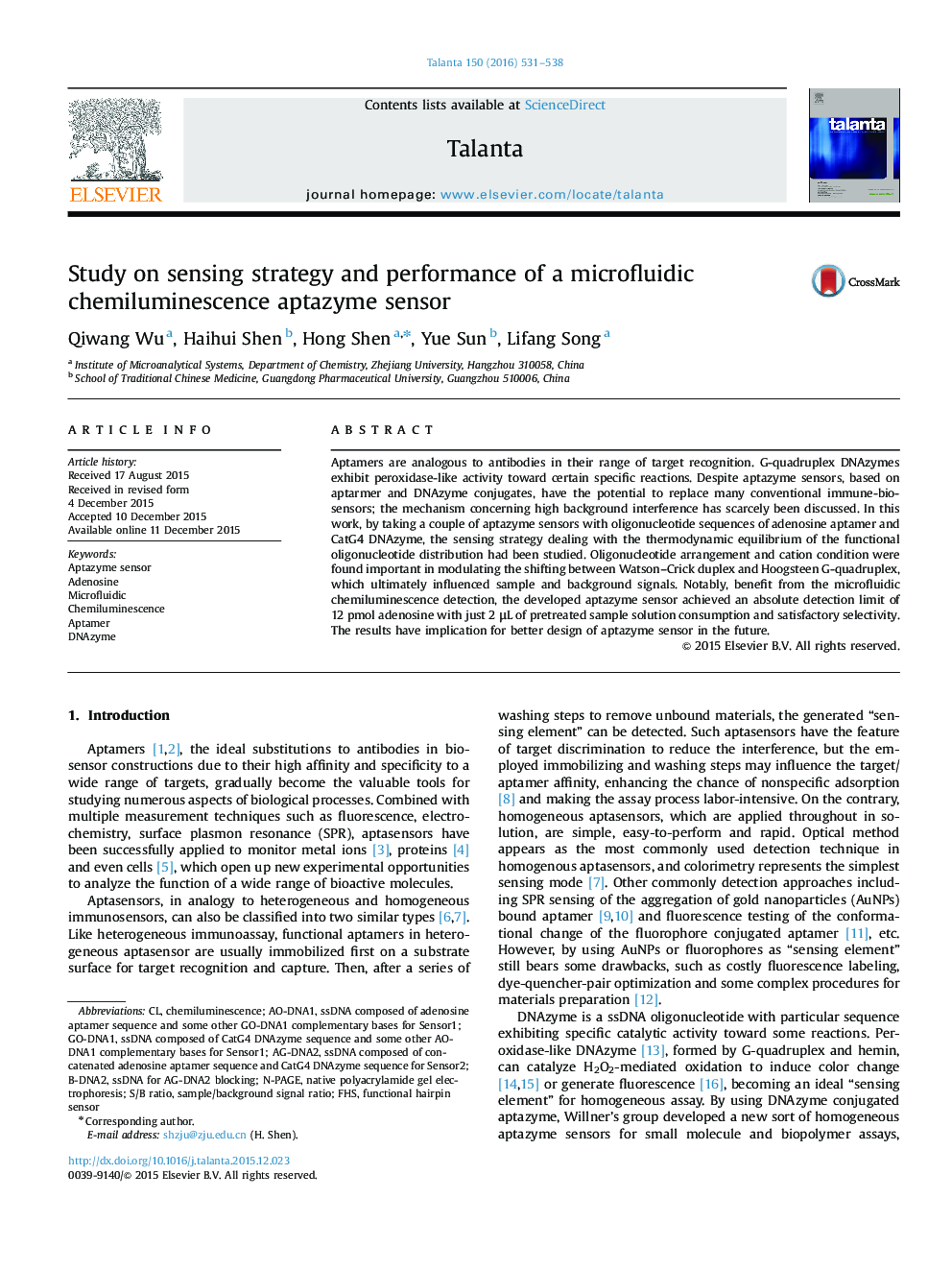 Study on sensing strategy and performance of a microfluidic chemiluminescence aptazyme sensor