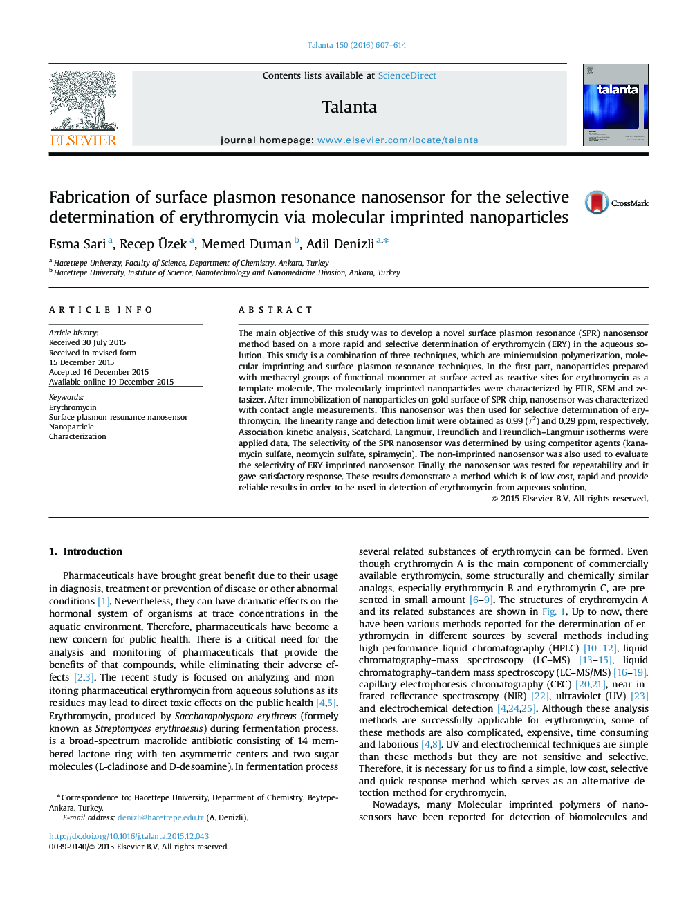 Fabrication of surface plasmon resonance nanosensor for the selective determination of erythromycin via molecular imprinted nanoparticles