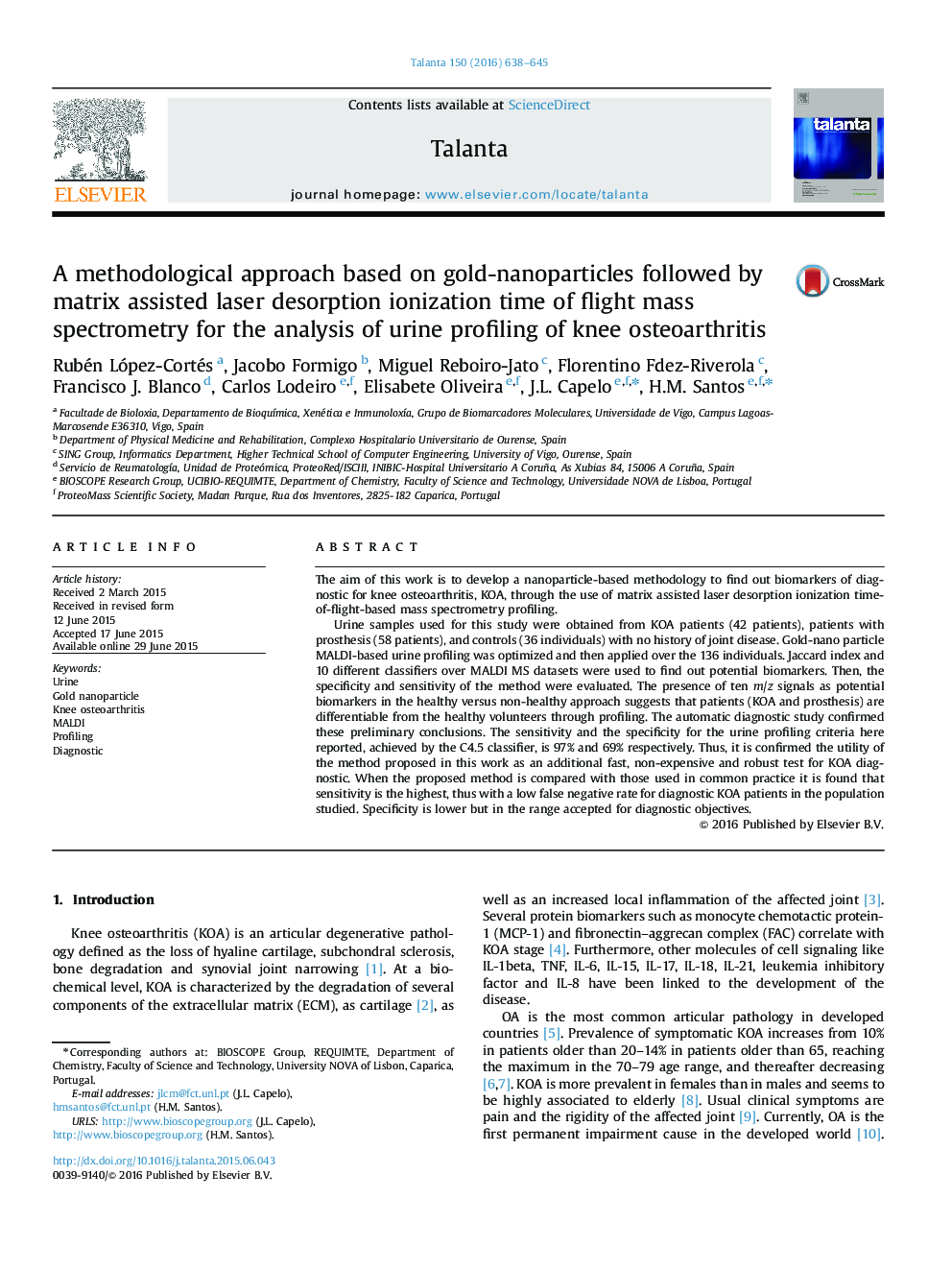 A methodological approach based on gold-nanoparticles followed by matrix assisted laser desorption ionization time of flight mass spectrometry for the analysis of urine profiling of knee osteoarthritis