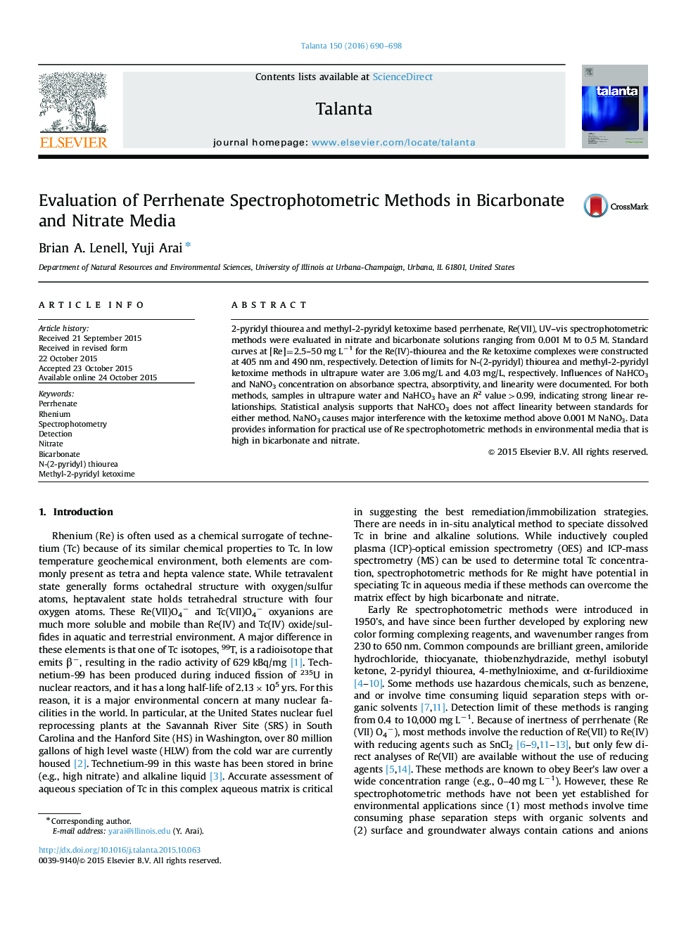 Evaluation of Perrhenate Spectrophotometric Methods in Bicarbonate and Nitrate Media