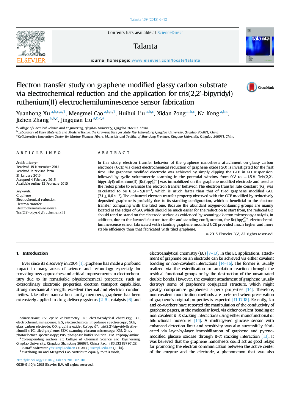 Electron transfer study on graphene modified glassy carbon substrate via electrochemical reduction and the application for tris(2,2′-bipyridyl)ruthenium(II) electrochemiluminescence sensor fabrication