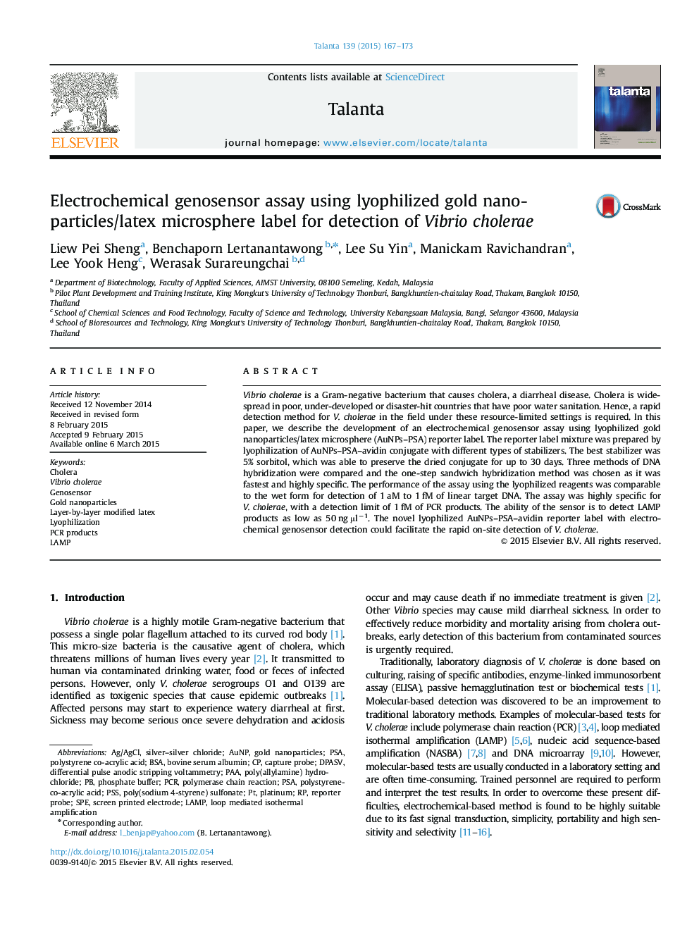 Electrochemical genosensor assay using lyophilized gold nanoparticles/latex microsphere label for detection of Vibrio cholerae