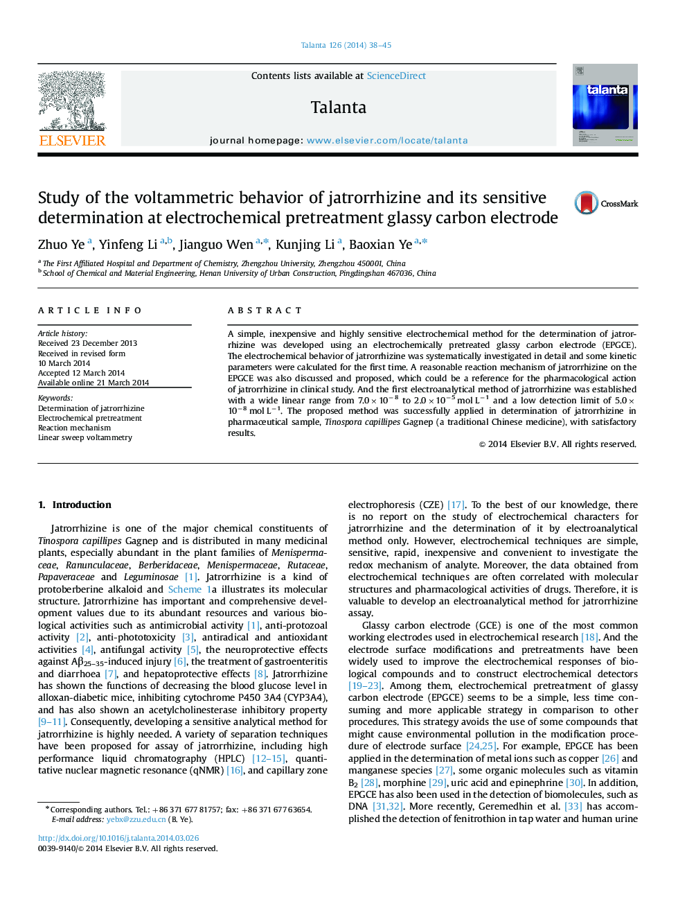 Study of the voltammetric behavior of jatrorrhizine and its sensitive determination at electrochemical pretreatment glassy carbon electrode