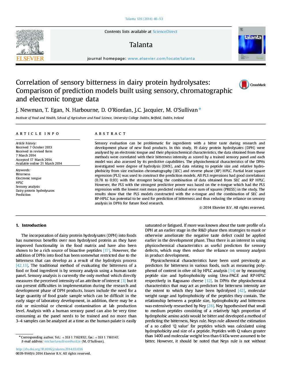 Correlation of sensory bitterness in dairy protein hydrolysates: Comparison of prediction models built using sensory, chromatographic and electronic tongue data