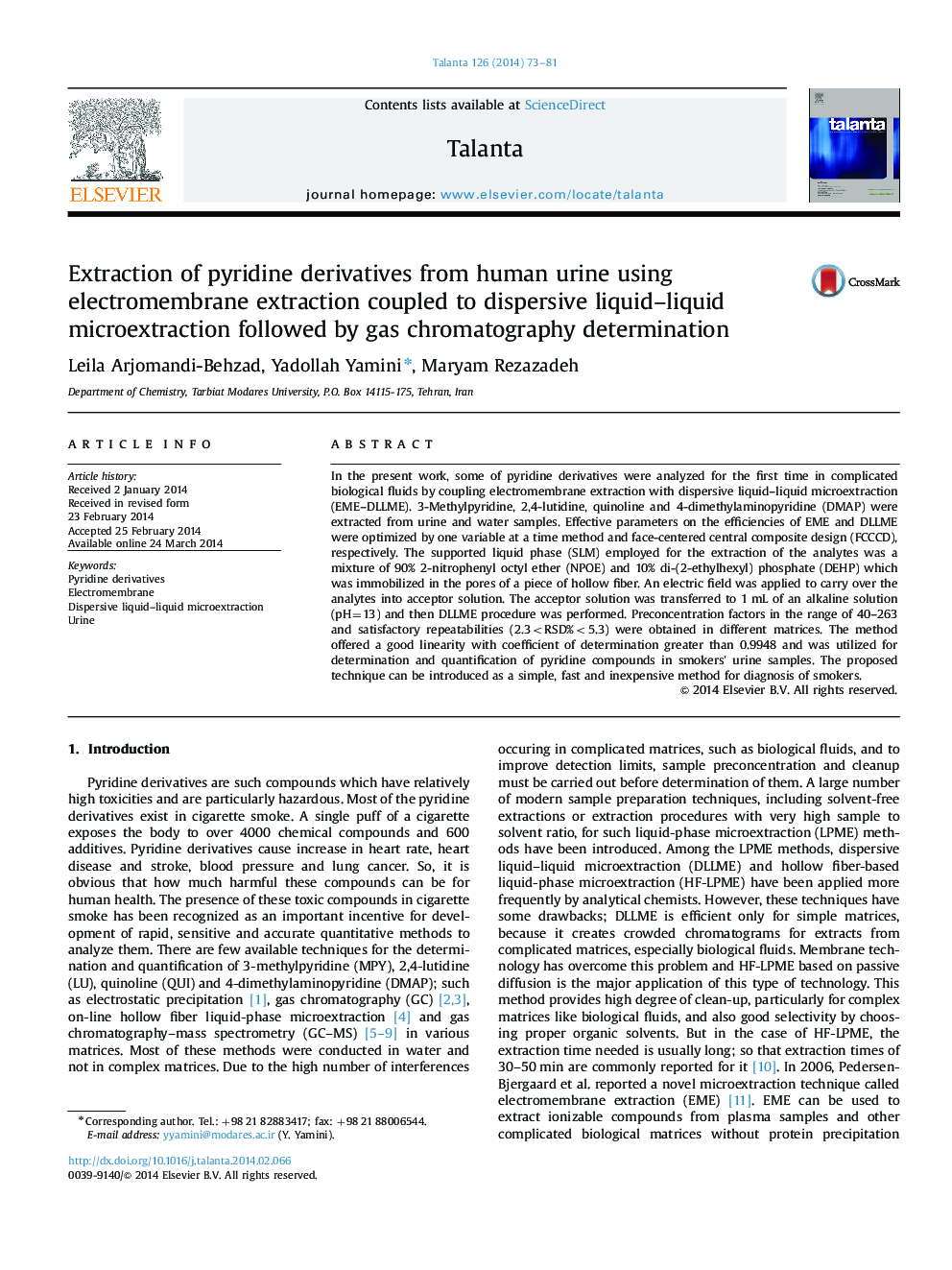 Extraction of pyridine derivatives from human urine using electromembrane extraction coupled to dispersive liquid–liquid microextraction followed by gas chromatography determination