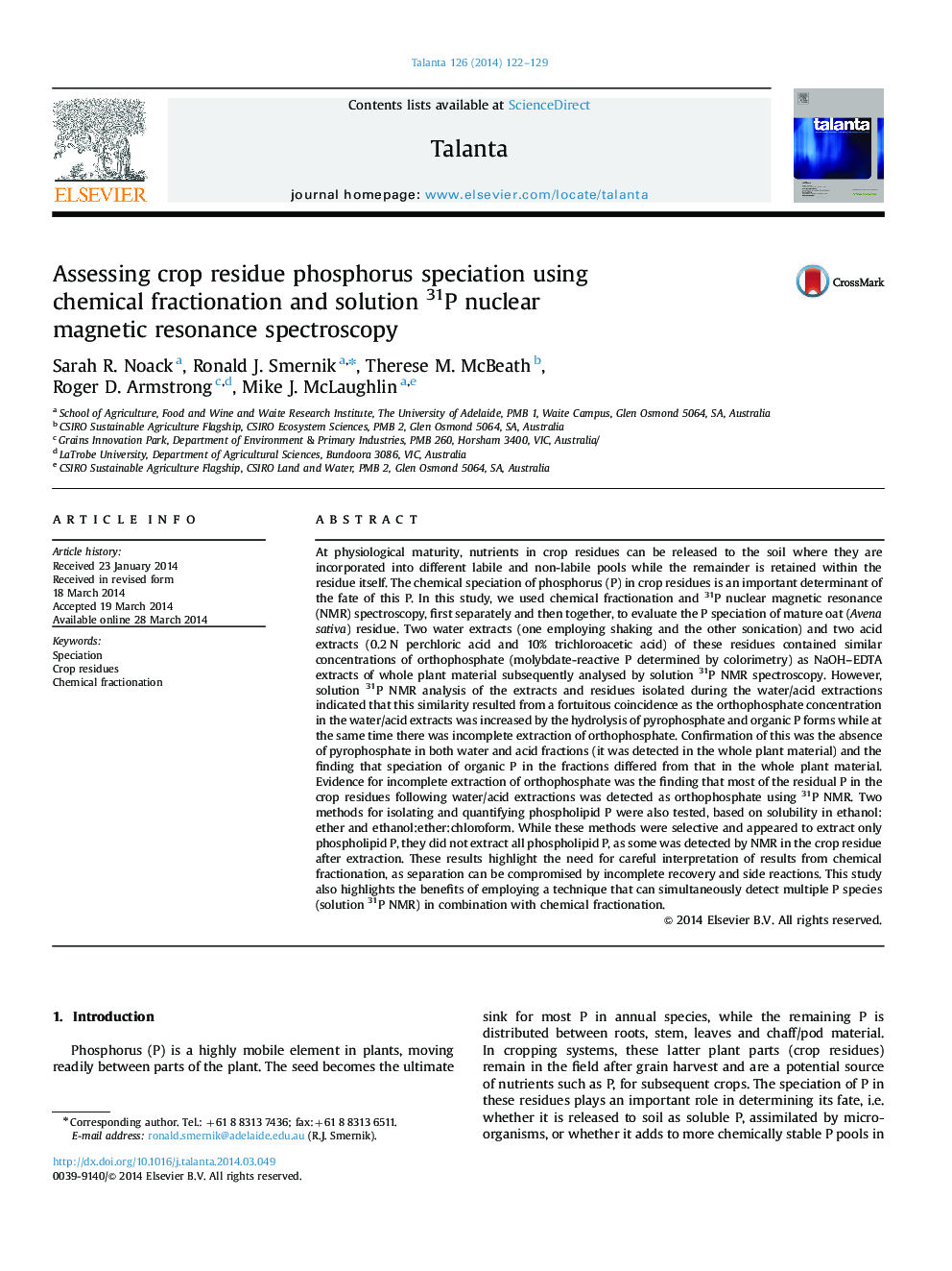 Assessing crop residue phosphorus speciation using chemical fractionation and solution 31P nuclear magnetic resonance spectroscopy