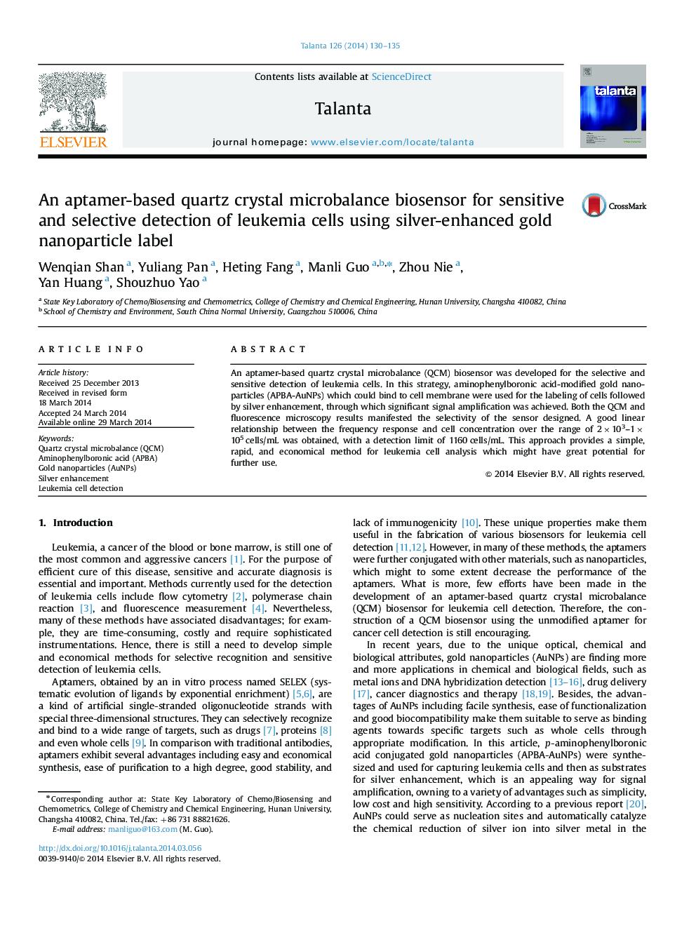 An aptamer-based quartz crystal microbalance biosensor for sensitive and selective detection of leukemia cells using silver-enhanced gold nanoparticle label