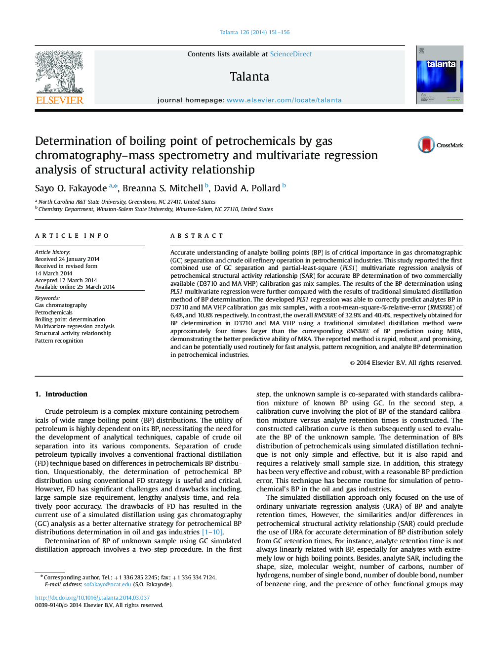 Determination of boiling point of petrochemicals by gas chromatography–mass spectrometry and multivariate regression analysis of structural activity relationship