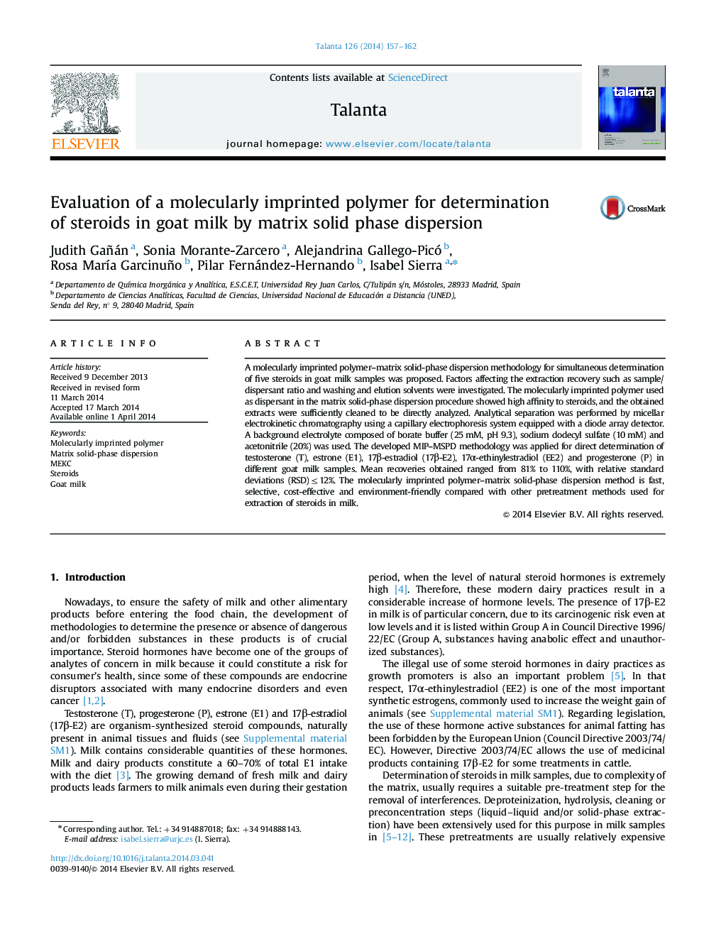 Evaluation of a molecularly imprinted polymer for determination of steroids in goat milk by matrix solid phase dispersion