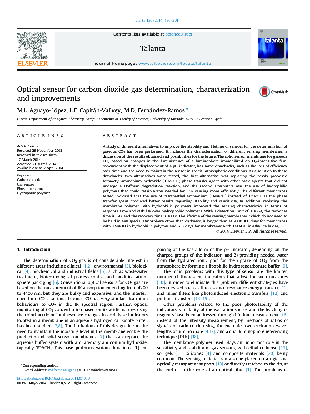 Optical sensor for carbon dioxide gas determination, characterization and improvements