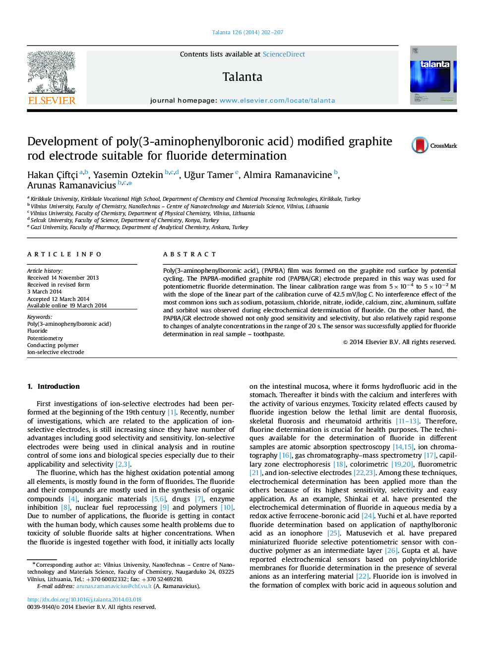 Development of poly(3-aminophenylboronic acid) modified graphite rod electrode suitable for fluoride determination