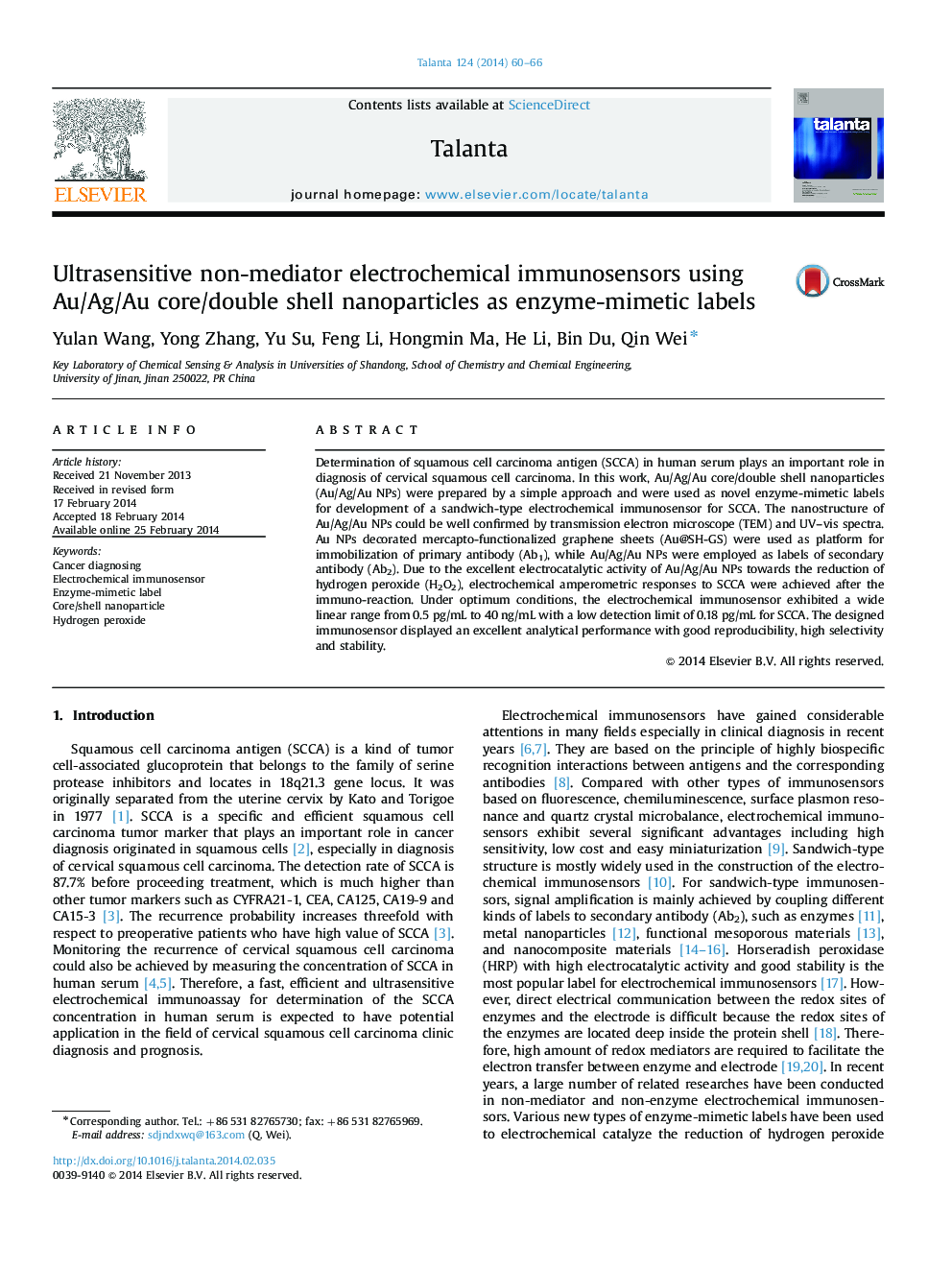 Ultrasensitive non-mediator electrochemical immunosensors using Au/Ag/Au core/double shell nanoparticles as enzyme-mimetic labels