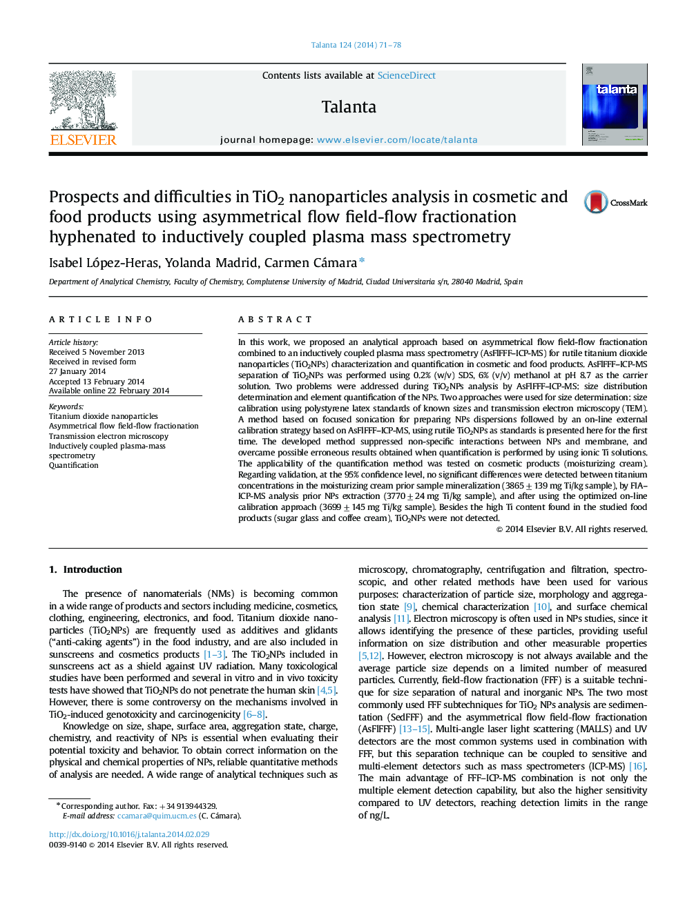 Prospects and difficulties in TiO2 nanoparticles analysis in cosmetic and food products using asymmetrical flow field-flow fractionation hyphenated to inductively coupled plasma mass spectrometry