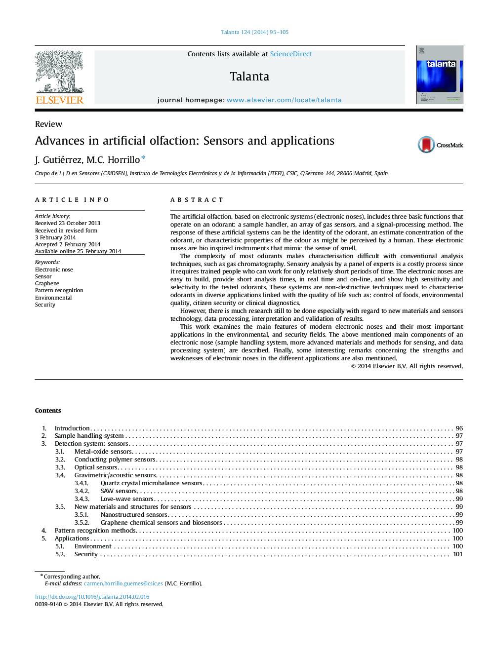 Advances in artificial olfaction: Sensors and applications
