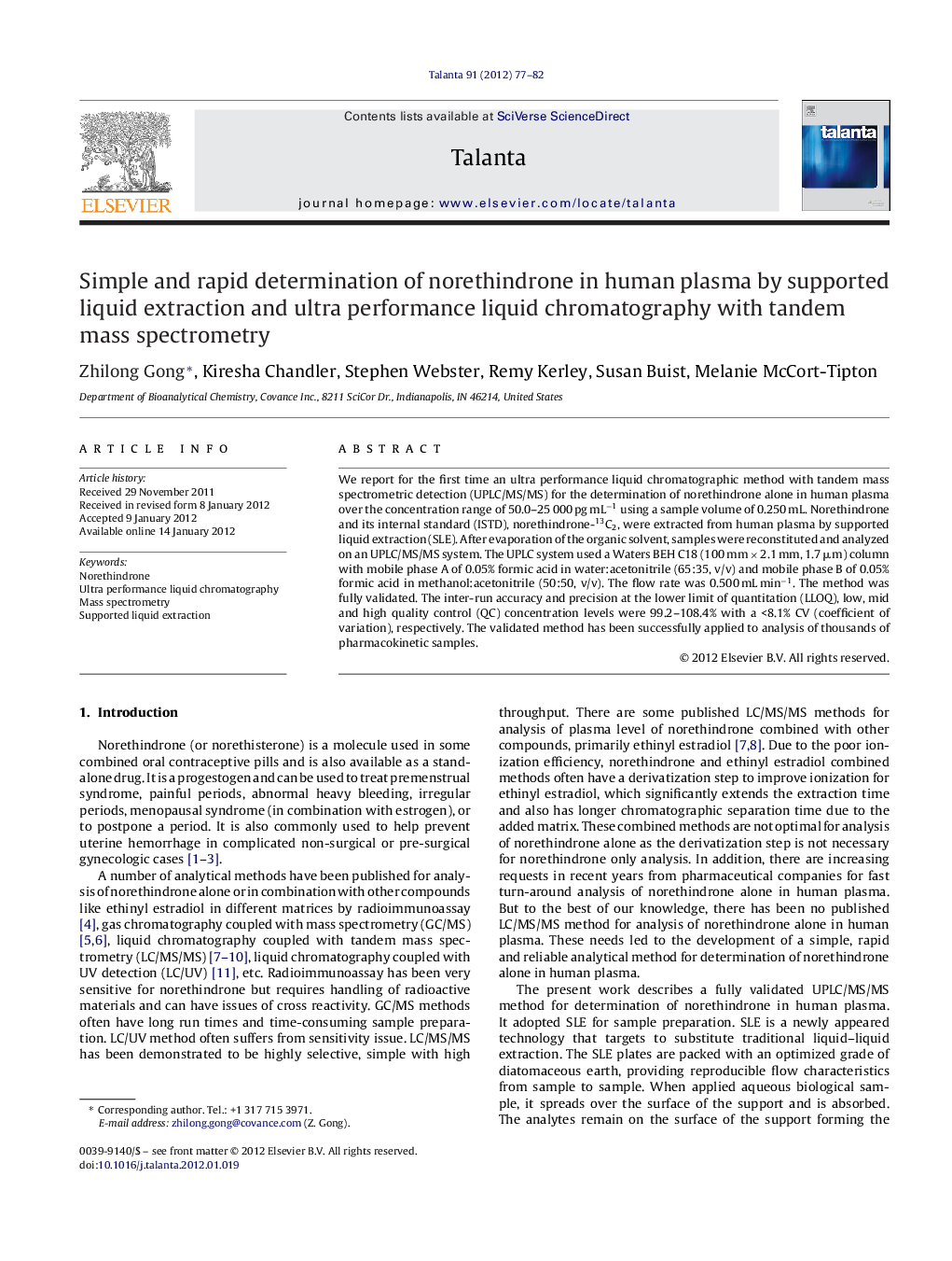 Simple and rapid determination of norethindrone in human plasma by supported liquid extraction and ultra performance liquid chromatography with tandem mass spectrometry